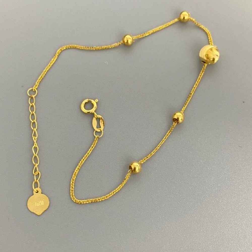✨ 18K Solid Gold Beaded Bracelet Au750 Cat Eye Beads Heart Charm 7.1” Adjustable